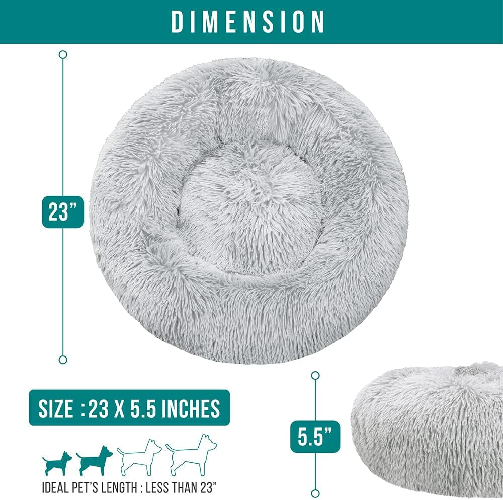 Calming Dog Bed for Small Medium Dog Cat, round Donut Dog Bed Washable, Fluffy Faux Fur Plush Cuddler Pet Kitten Cushion Bed, Anti-Slip, Fits up to 25 Lbs, 23 Inch, Light Gray