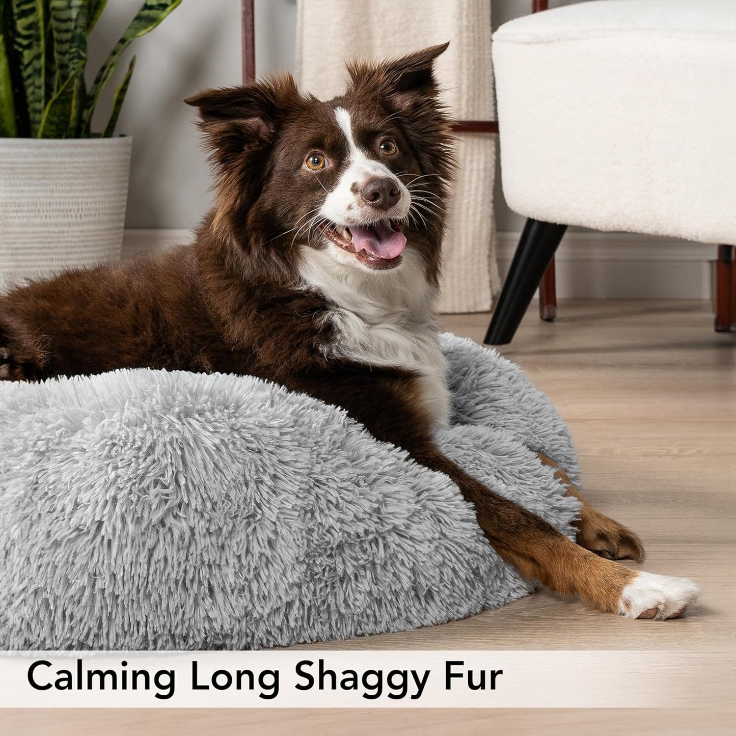 Calming Dog Bed for Small Medium Dog Cat, round Donut Dog Bed Washable, Fluffy Faux Fur Plush Cuddler Pet Kitten Cushion Bed, Anti-Slip, Fits up to 25 Lbs, 23 Inch, Light Gray