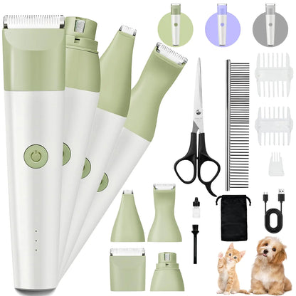 Dog Clippers Grooming Kit 4 in 1 Quiet Cordless Dog Paw Trimmer & Nail Grinder Small Dog Cat Clippers Electric Rechargeable Low Noise Pet Shaver for Trimming Hair on Paw Eye Ear Face Rump (Green)