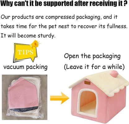 Dog House Indoor Memory Sponge, Foldable Dog House Kennel Bed Mat with Cushion for Small Medium Large Dogs Cats, Winter Warm Cat Nest Puppy Cave Sofa Pet Products (Pink, S)