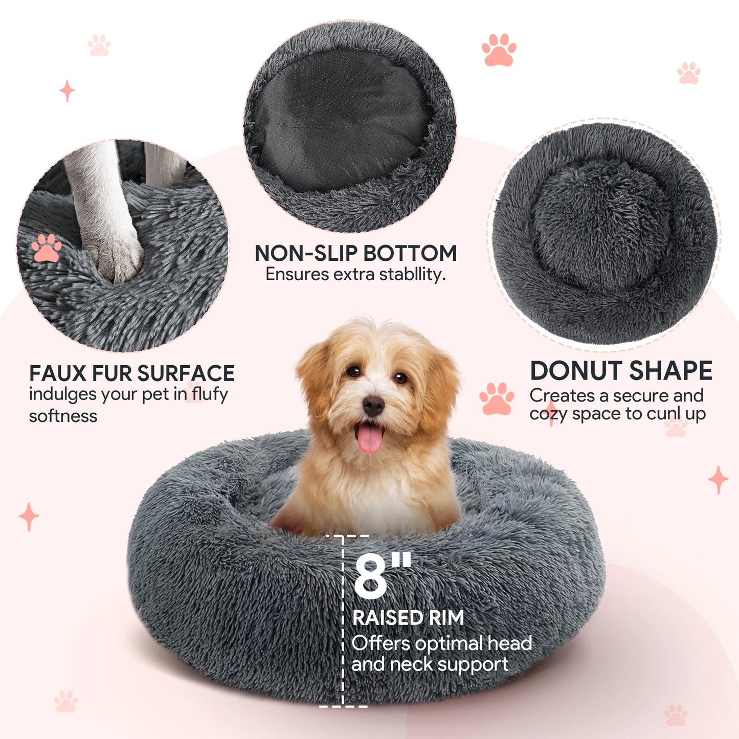 24" Calming Dog Bed for Medium Small Dogs, Donut Machine Washable Pet Bed, Anti-Anxiety Cuddler Cozy Soft Cat Bed