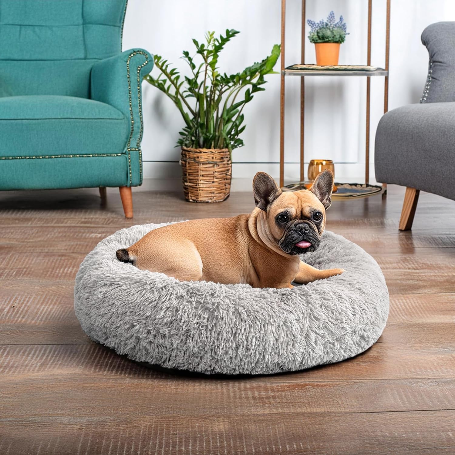 Calming Dog Bed for Small Medium Dog Cat, round Donut Dog Bed Washable, Fluffy Faux Fur Plush Cuddler Pet Kitten Cushion Bed, Anti-Slip, Fits up to 25 Lbs, 23 Inch, Light Gray