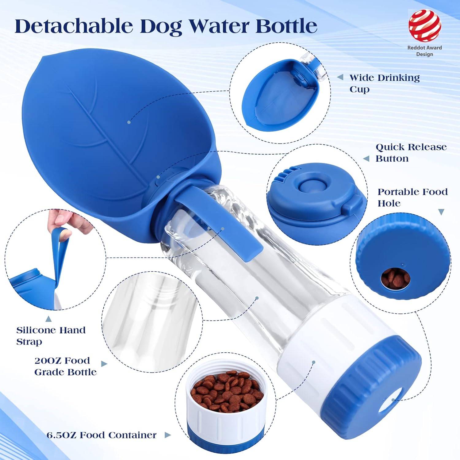 Dog Water Bottle, Pet Water Bottle with Food Container, Portable Dog Drinking Bottle Cup Dispenser for Outdoor Walking, Hiking, Travel Large Blue