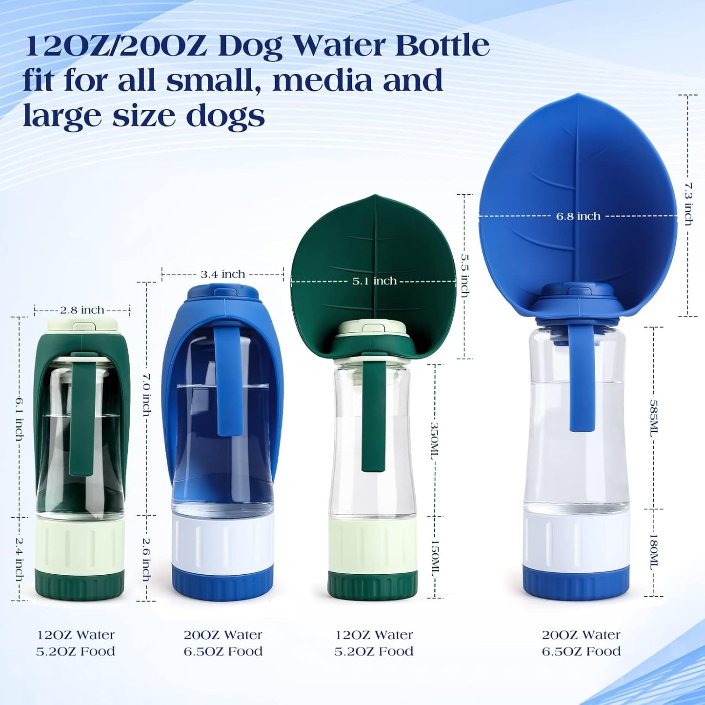 Dog Water Bottle, Pet Water Bottle with Food Container, Portable Dog Drinking Bottle Cup Dispenser for Outdoor Walking, Hiking, Travel Large Blue