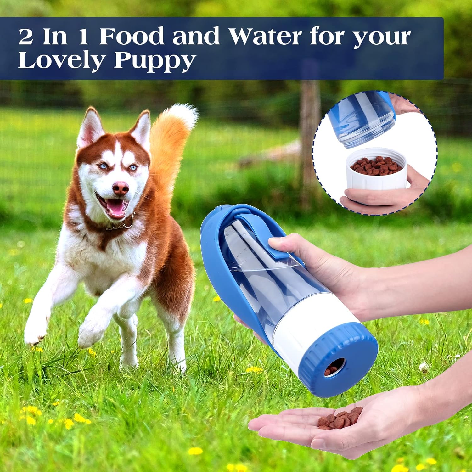 Dog Water Bottle, Pet Water Bottle with Food Container, Portable Dog Drinking Bottle Cup Dispenser for Outdoor Walking, Hiking, Travel Large Blue