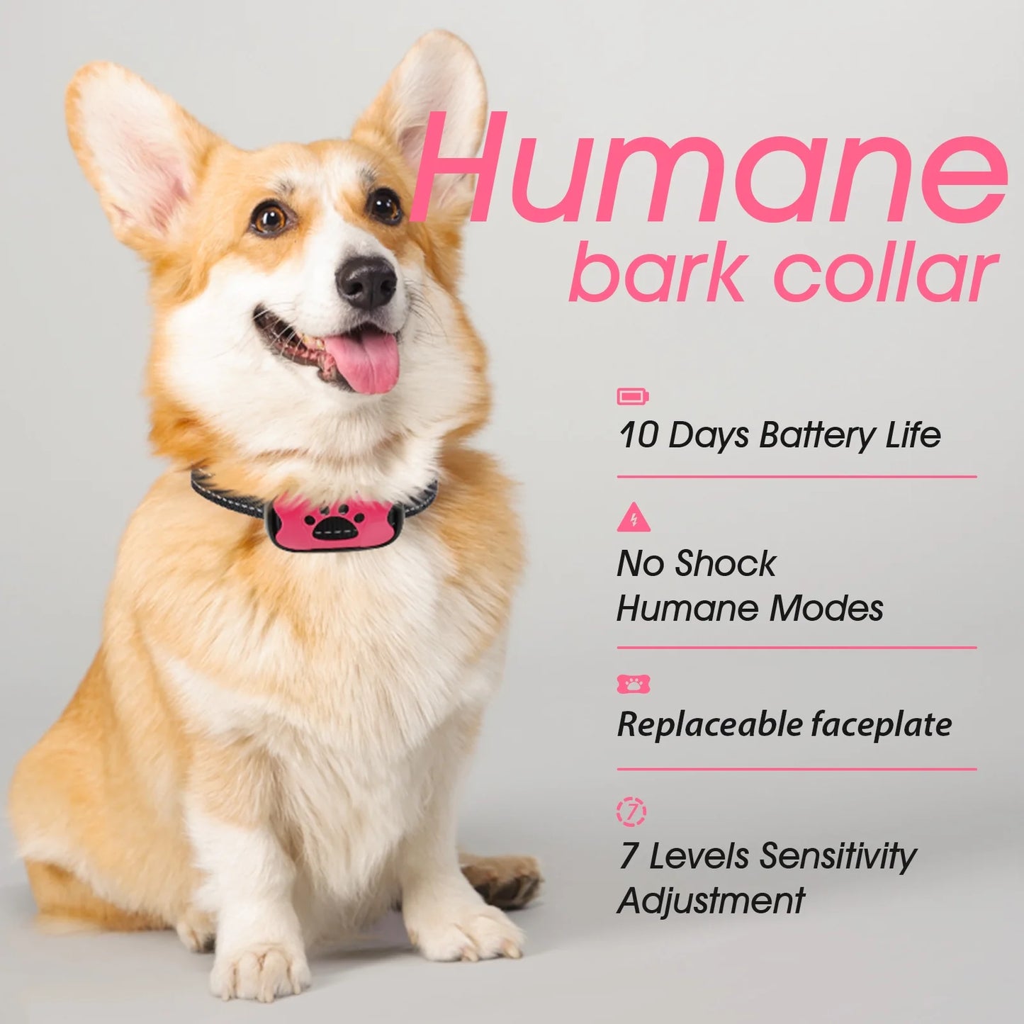 Dog Bark Collar - Humane, Rechargeable No Shock anti Barking Collar with 7 Adjustable Levels for Small Medium Large Dogs, Waterproof (Pink)