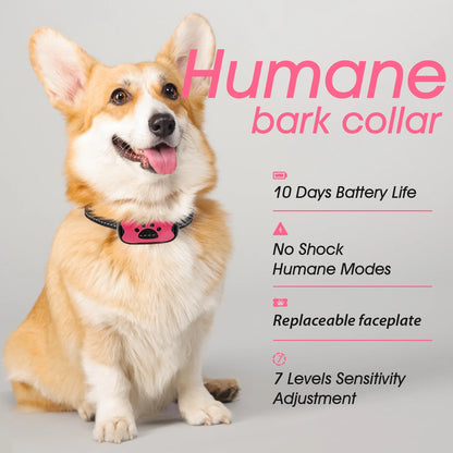 Dog Bark Collar - Humane, Rechargeable No Shock anti Barking Collar with 7 Adjustable Levels for Small Medium Large Dogs, Waterproof (Pink)