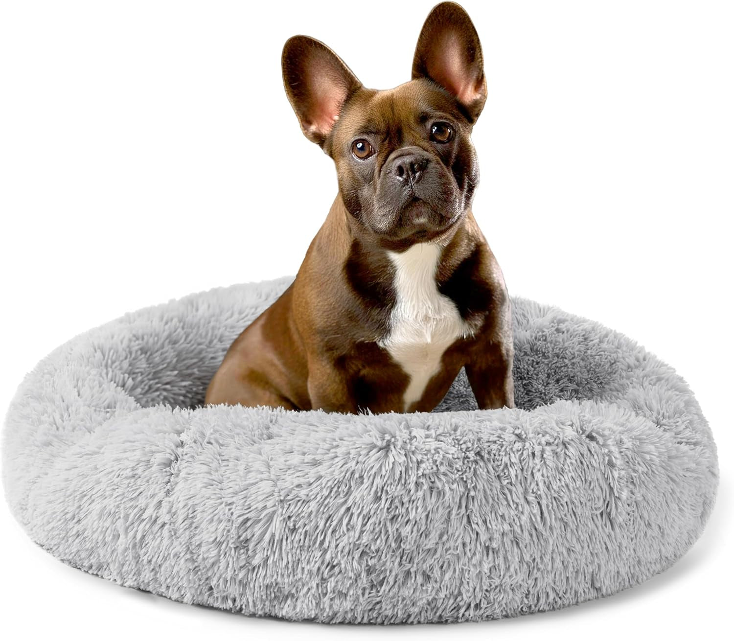 Calming Dog Bed for Small Medium Dog Cat, round Donut Dog Bed Washable, Fluffy Faux Fur Plush Cuddler Pet Kitten Cushion Bed, Anti-Slip, Fits up to 25 Lbs, 23 Inch, Light Gray