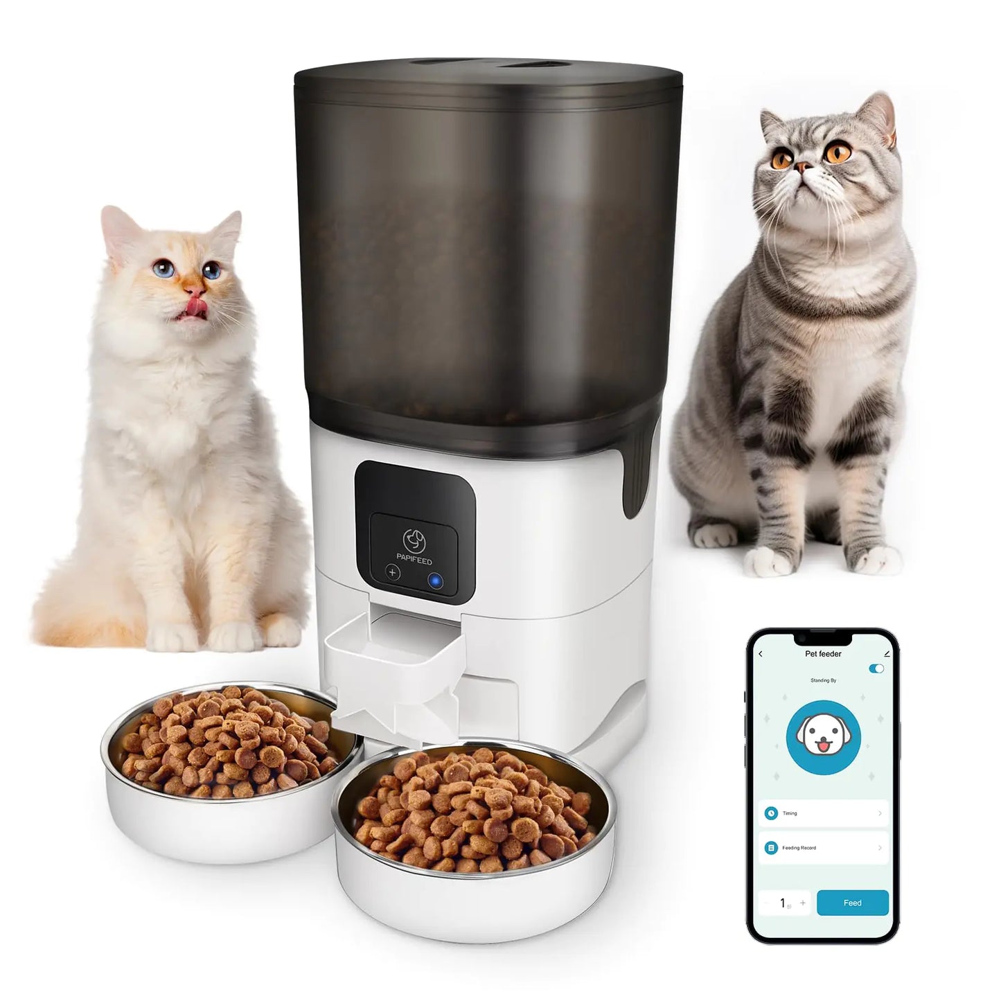 Smart Automatic Cat Feeders for 2 Cats ，7L Cat Food Dispenser with Double Bowls，WiFi Pet Feeder with APP Control for Remote Feeding，Dual Power Supply Auto Cat Feeder