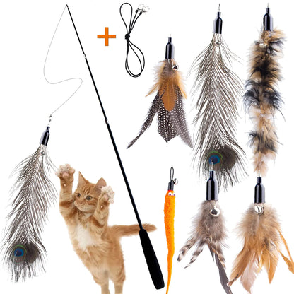 APSUAE Retractable Cat Wand Toy for Indoor Cats Interactive Cat Feather Toys with Bell 8 Packs Kitten Toys with Fishing Pole Replaceable Worm Feather Tail Cat String Toy Gift for Indoor Outdoor