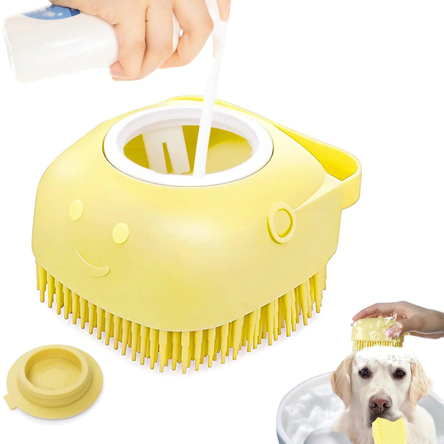 Dog Cat Bath Brush with Soap and Shampoo Dispenser Dog Grooming Brush Massage Brush Soft Silicone Rubber Bristle for Short Haired Dogs Cats Shower(yellow)