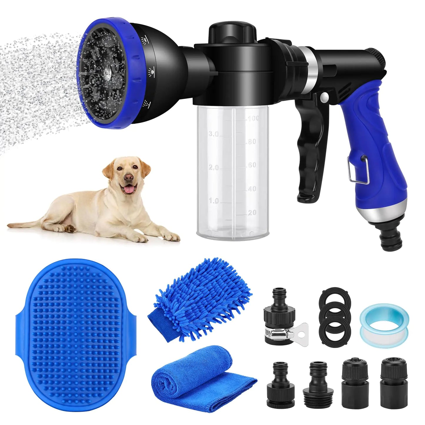 Pet Bathing Sprayer Kit10 Spray Patterns Adjustable Hose Wash Sprayer with 4 to 8 Bars Foam BlasterSuitable for Pet Washing Car Cleaning and Garden Use with 1/2” Quick Connector