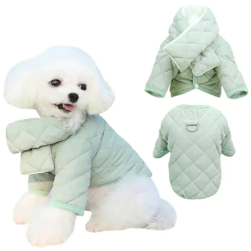 Kunyeah Warm Dog Coat with Scarf Pet Cotton Cold Weather Outfit Thick Puppy Clothes Plaid Pattern Pet Snow Jacket Cat Winter Autumn Jumpsuit Pet Soft Apparel (Green Large)