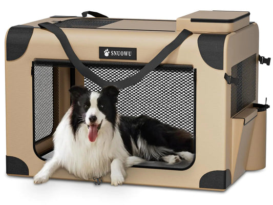 SNUOWU 36 Inch Collapsible Dog Crate 3-Door Portable Travel Dog Crate for Large Dogs Foldable Soft Dog Crate Pet Kennel for Indoor & Outdoor Pet Home (36" L x 25" W x 25" HKhaki)