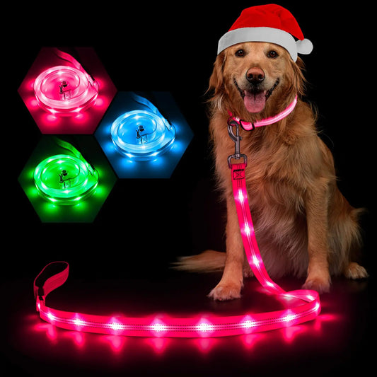 Weesiber LED Dog Leash Light Up Dog Leash 4ft Rechargeable Nylon Webbing Lighted Dog Lead Reflective Dog Leash with Neoprene Padded Glowing Safety Dog Lights for Night Walking (Pink)