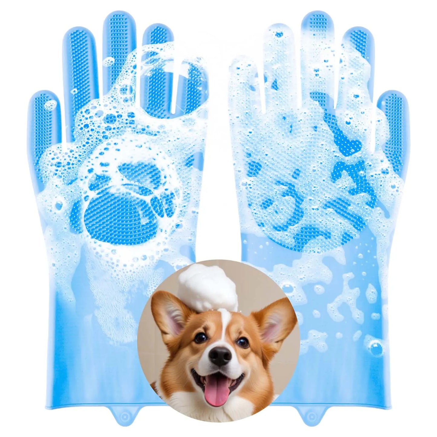 AOZUO Pet Grooming Gloves Silicone Dog Washing Gloves Dog Bathing Gloves with High Density Teeth Heat Resistant Dog Bath Supplies Enhanced Five Finger Design for Shower Massage Scrubbing Shedding