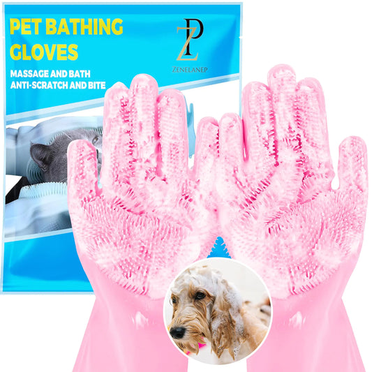 ZENELANEP Pet Grooming Gloves High-Density Silicone Gloves with Enhanced Five Finger Design for Bathing and Massaging Dogs and Cats (Pink)