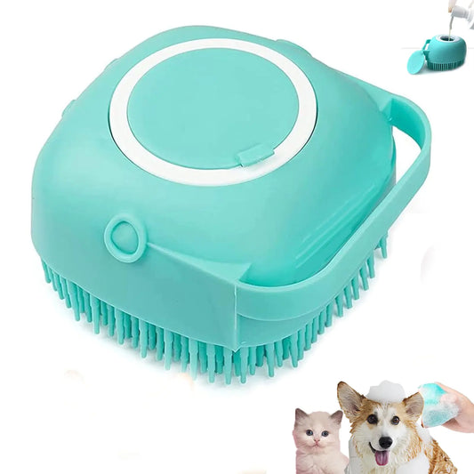 Hfpengzan Pet Bath Scrubber Brush Dog Grooming Massage Shampoo Bath Brush with Soap and Shampoo Dispenser Soft Silicone Bristle for Long Short Haired Dogs Cats Shower (Blue)