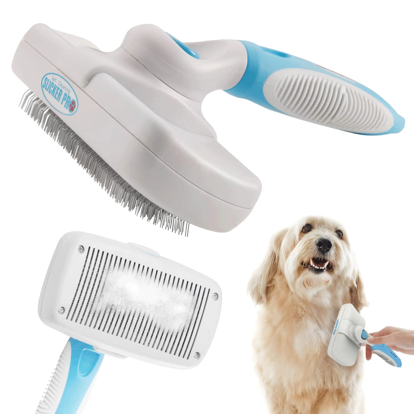 The Pet Portal Self Cleaning Dog Brush for Shedding Slicker Brush Cat Long Haired Pet Brush Grooming Deshedding Supplies - Medium to Large Pets White