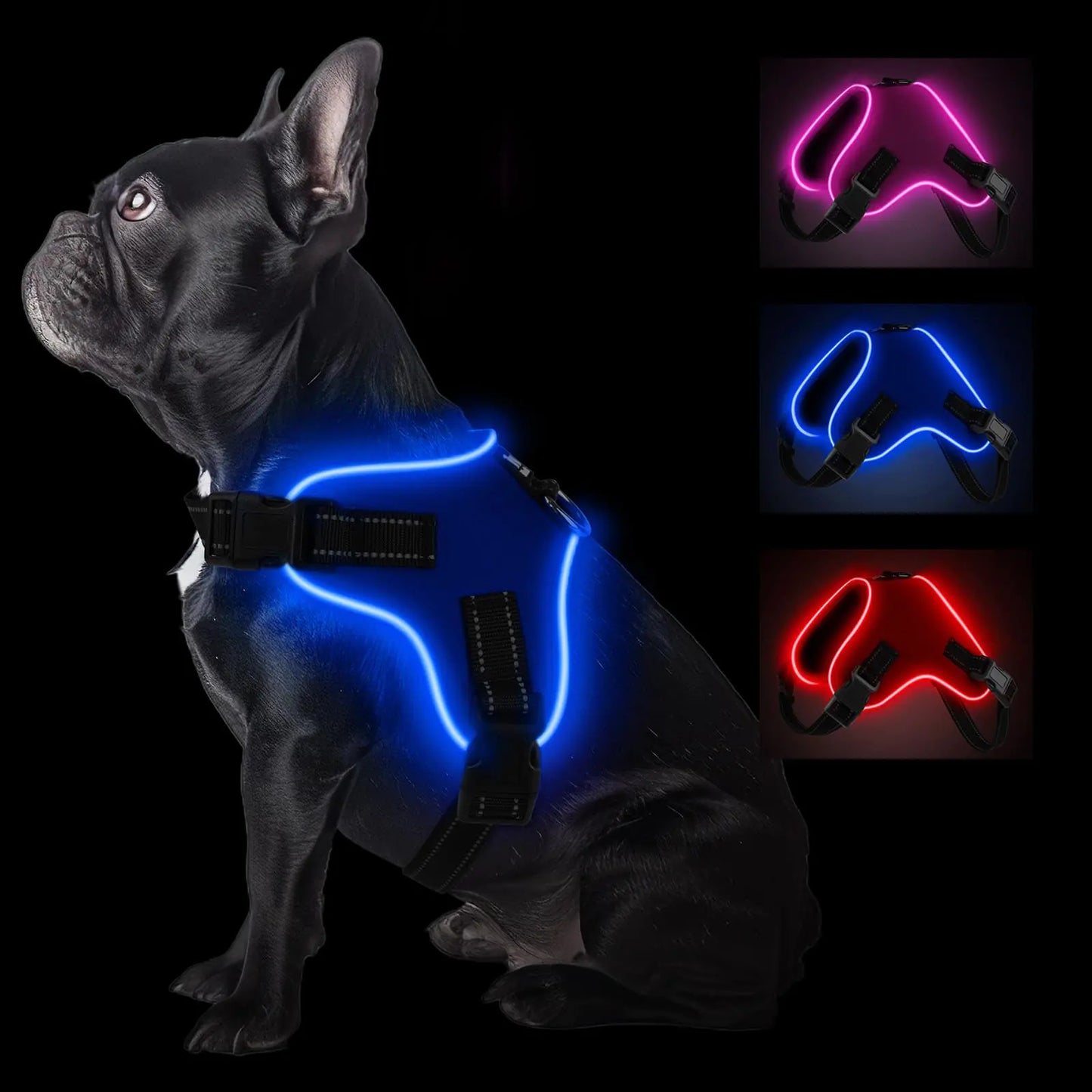 Light up Dog Harness Rechargeable LED Dog Harness with Handle Lighted Dog Harness for Night Walking Reflective Adjsutable Flashing Glow Dog Collar for Small Medium Large Dogs (Blue XL)