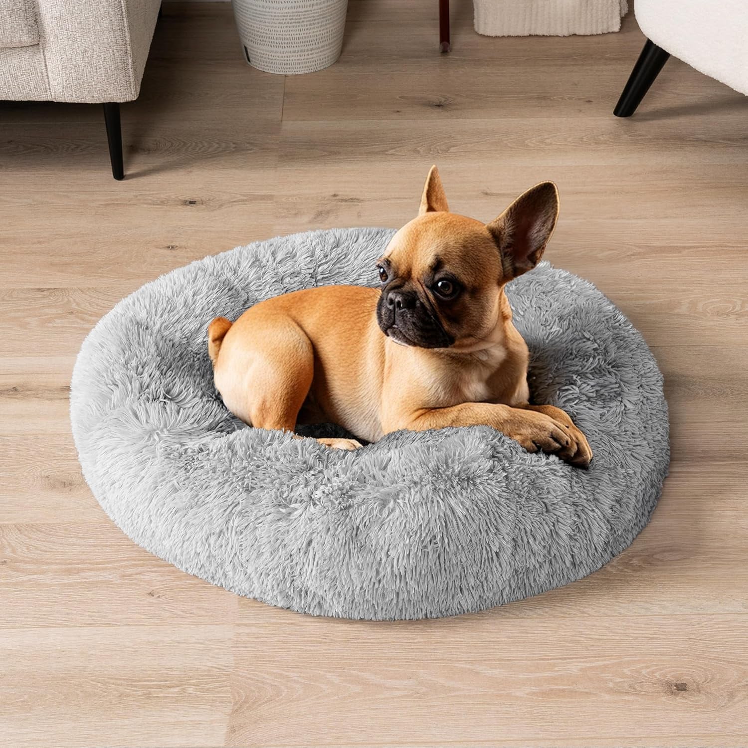 Calming Dog Bed for Small Medium Dog Cat, round Donut Dog Bed Washable, Fluffy Faux Fur Plush Cuddler Pet Kitten Cushion Bed, Anti-Slip, Fits up to 25 Lbs, 23 Inch, Light Gray