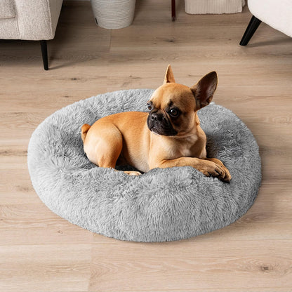 Calming Dog Bed for Small Medium Dog Cat, round Donut Dog Bed Washable, Fluffy Faux Fur Plush Cuddler Pet Kitten Cushion Bed, Anti-Slip, Fits up to 25 Lbs, 23 Inch, Light Gray