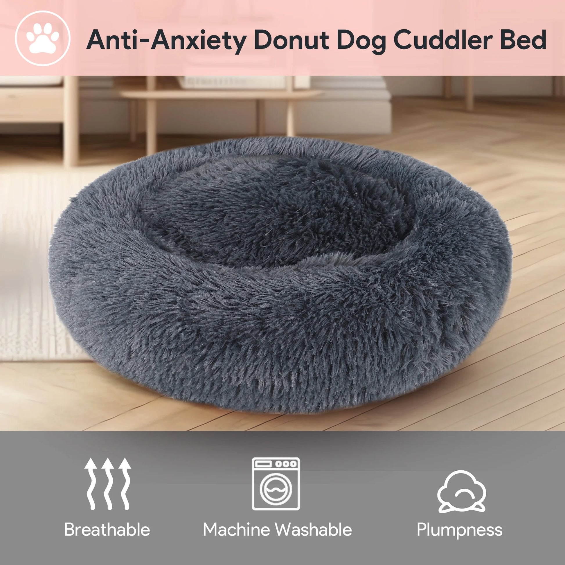 24" Calming Dog Bed for Medium Small Dogs, Donut Machine Washable Pet Bed, Anti-Anxiety Cuddler Cozy Soft Cat Bed