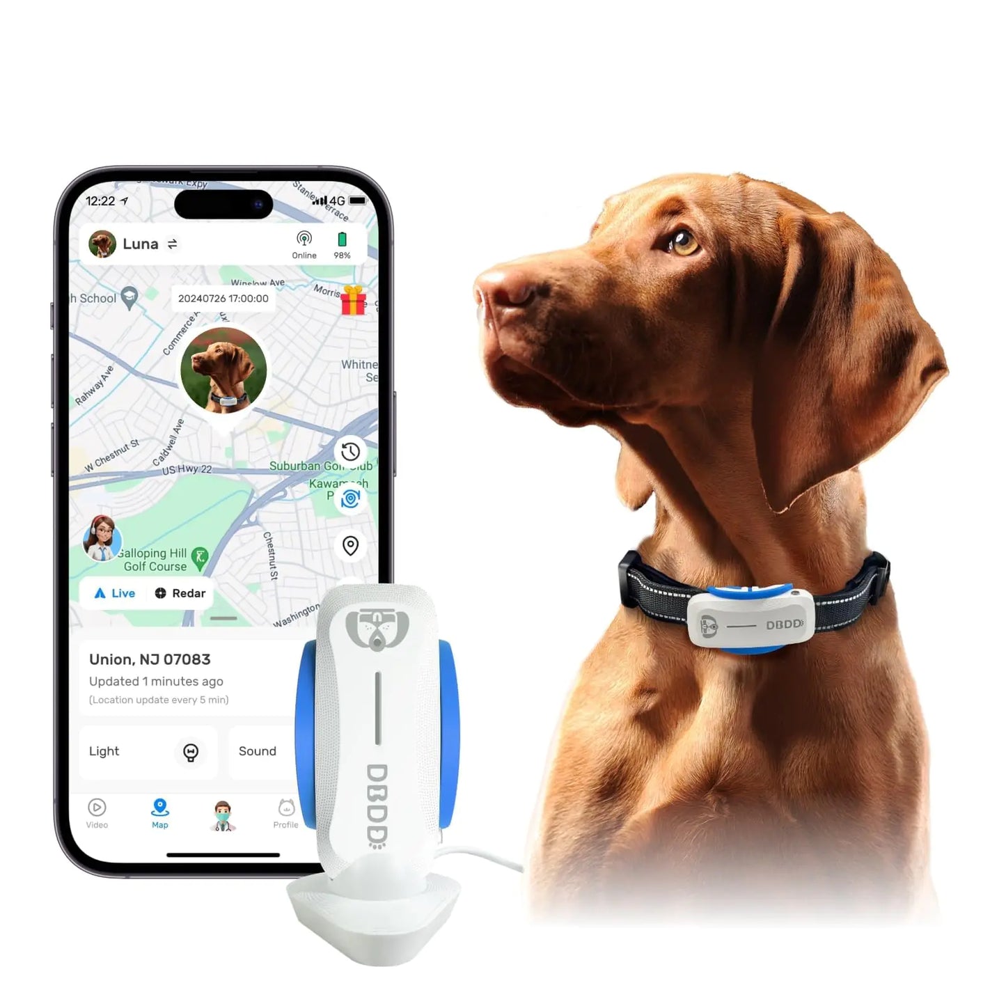 DBDD Dog GPS Tracker Smart Waterproof Tracker with Real-Time Location Escape Alerts Activity Monitor iOS & Android Compatible for Dogs 40 lbs+ (White)