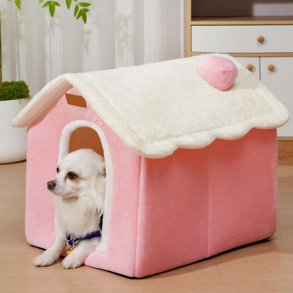 Dog House Indoor Memory Sponge, Foldable Dog House Kennel Bed Mat with Cushion for Small Medium Large Dogs Cats, Winter Warm Cat Nest Puppy Cave Sofa Pet Products (Pink, S)