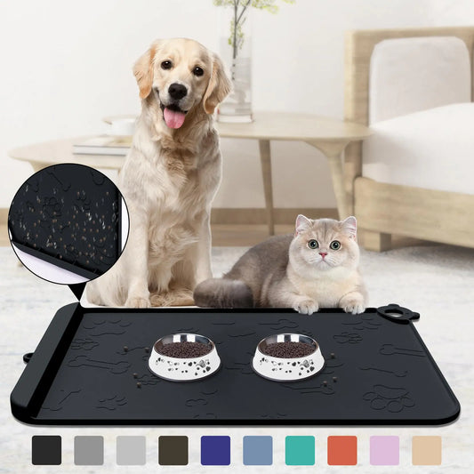 Pet Feeding Mat Dog Food Mat Silicone Pet Feeding Mats with Residue Collection Pocket Waterproof Dog Cat Bowl Mats for Food and Water with Edge and Hook Tray for Dog Bowls (Black 22x14)