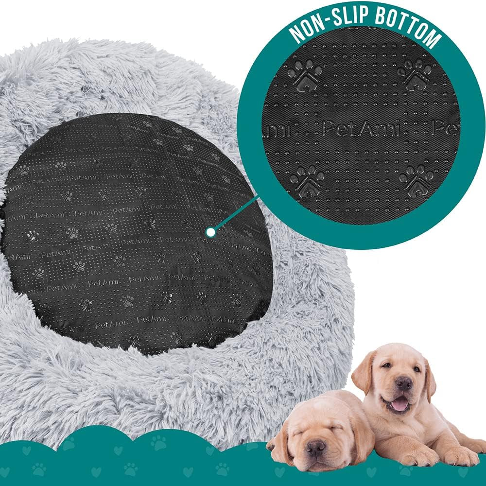 Calming Dog Bed for Small Medium Dog Cat, round Donut Dog Bed Washable, Fluffy Faux Fur Plush Cuddler Pet Kitten Cushion Bed, Anti-Slip, Fits up to 25 Lbs, 23 Inch, Light Gray