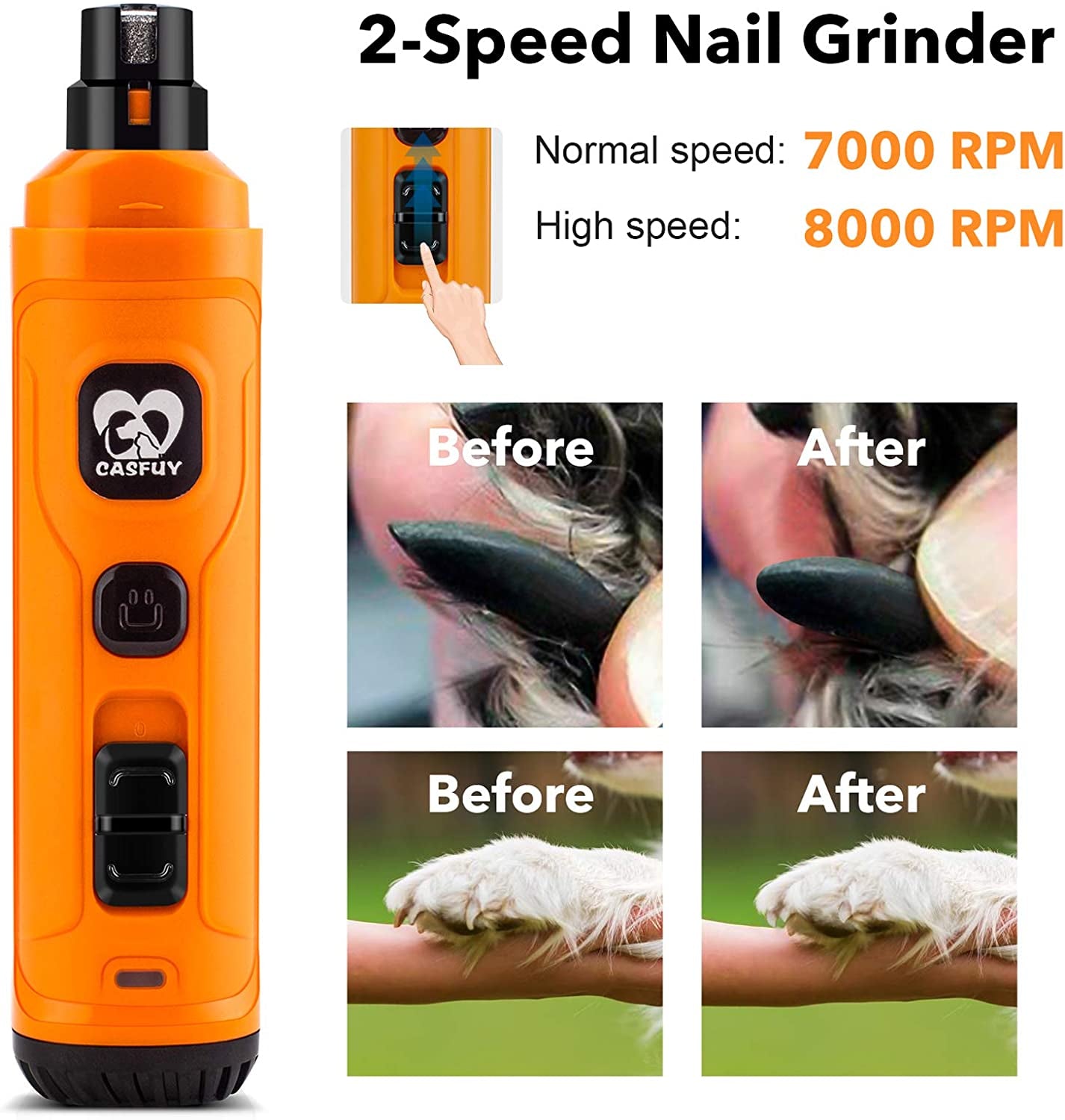 Dog Nail Grinder with 2 LED Light - New Version 2-Speed Powerful Electric Pet Nail Trimmer Professional Quiet Painless Paws Grooming & Smoothing for Small Medium Large Dogs and Cats (Orange)