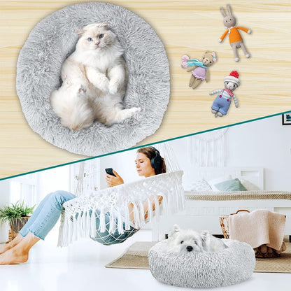 Calming Dog Bed for Small Medium Dog Cat, round Donut Dog Bed Washable, Fluffy Faux Fur Plush Cuddler Pet Kitten Cushion Bed, Anti-Slip, Fits up to 25 Lbs, 23 Inch, Light Gray