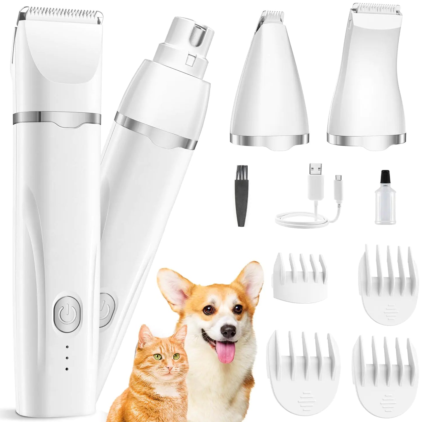 Dogs Hair Clippers Grooming Kit with Nail Grinder 4 in 1 Cordless Electric Trimmer for Dogs Cat Low Noise USB Rechargeable Pet Clippers Grooming Paws Eyes Ears FaceNail Matted Hair