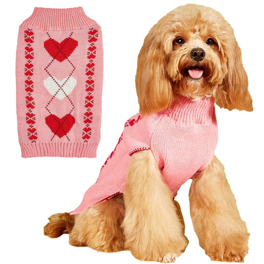 Jecikelon Valentines Day Dog Sweater Heart Printed Knit Warm Puppy Winter Clothes for Small Dogs Soft Pet Outfits Doggy Cat Clothing (Small Rhombic)