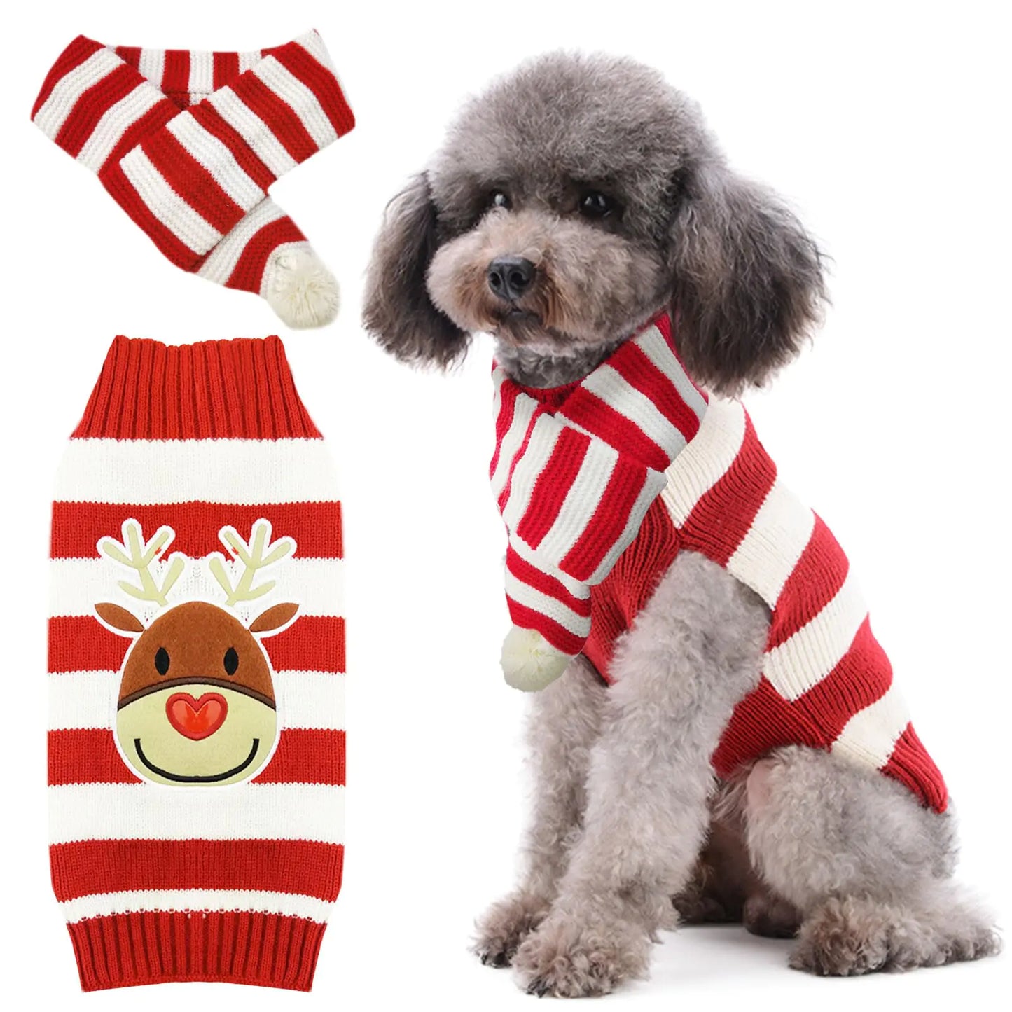 HRTTSY Christmas Dog Sweater and Scarf Set Cute Reindeer Ugly Xmas Puppy Cat Clothes Striped Pet Winter Outfit Soft Warm Knitwear Doggy Sweaters for Small Dogs Chihuahua Costume (Sweater+ScarfM)