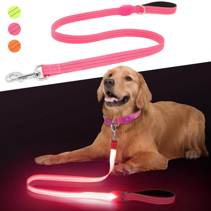 LED Dog Leash Light Up Dog Leash 4 Ft USB Rechargeable Waterproof Nylon Reflective Leashes with Padded Handle for Dogs Night Walking Light Safety Glow in The Dark for Large Medium Pets (Pink)