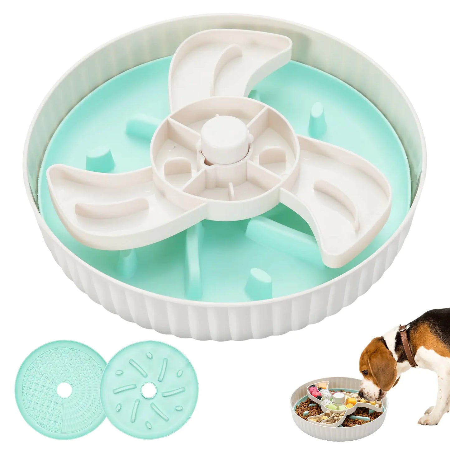 Slow Feeder Dog Bowls 3.5 Cups Dog Slow Feeder Bowl with Lick Mat - Helps Slow Down Eating Reduces Boredom Bloat Stop Interactive Spin Puzzle Slow Eating Dog Bowl for Small & Medium Dogs White