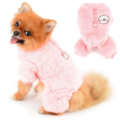 PAIDEFUL Cartoon Small Dog Fleece Pajamas Soft Onesies Pjs 4 Legged Jumpsuit Solid Puppy Pullover Sweater Pet Outfits Warm Doggie Fall Winter Coat Cats Costume D-RingPinkXXL