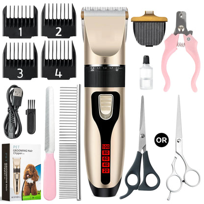 Dog Grooming Kit and Paw Trimmer - Low Noise Electric Quiet Hair Clippers Set Rechargeable Cordless Pet Hair Clippers for Thick Coats Pet Hair Clipper Trimmer Shaver with Scissor for Dogs Cats Pets