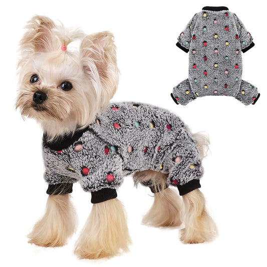 Sebaoyu Fleece Dog Sweater for Small Dog Girl Boy Winter Cute Warm Small Dog Pajamas Polka Dot Pet Clothes Puppy Sweater for Yorkie Cat Dog Clothes Outfit Doggy Pjs 4 Legs Jumpsuit（GraySmall）